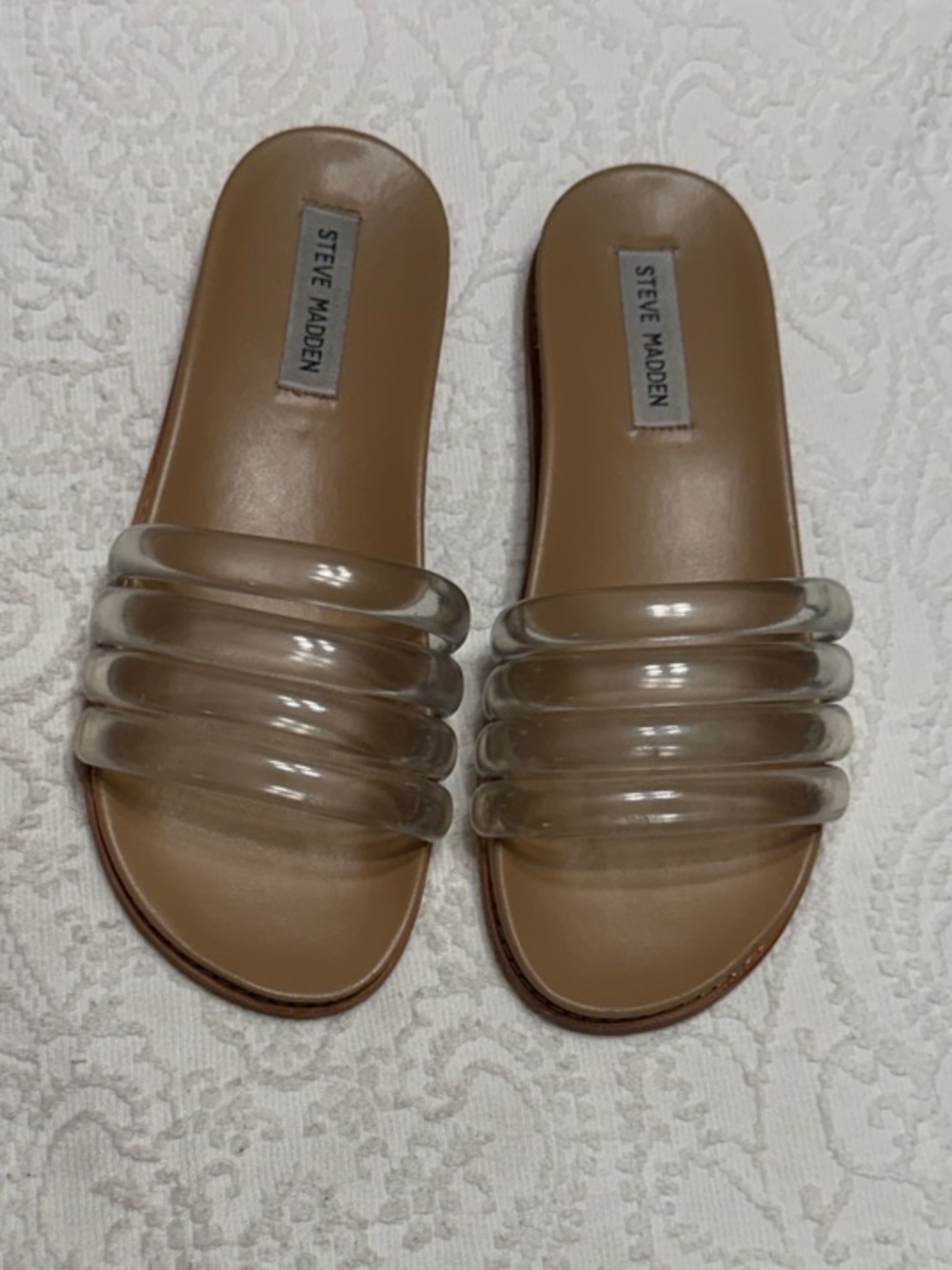 Steve Madden Size 6.5 Tan Slide Sandals with Clear Multi-Strap Upper